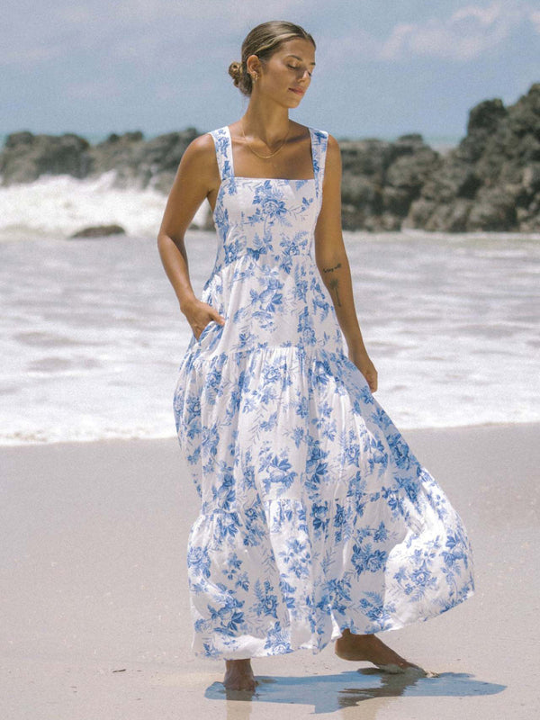 Women's Breezy Blue & White Flowy Maxi Dress with Cross Strap Detail Lotus Corner Women's Breezy Blue & White Flowy Maxi Dress with Cross Strap Detail Lotus Corner