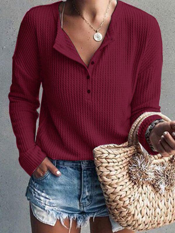 Women's Casual Ribbed Long Sleeve Top With Button Detail