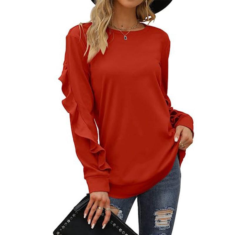 Women's Casual Round Neck Jumper With Pleated Long Sleeves