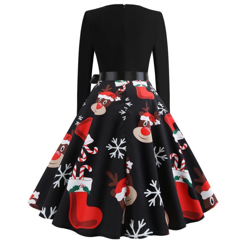 Women's Christmas Print Long Sleeve A-Line Flowy Dress