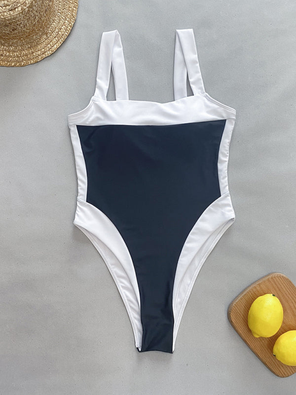 Women's Elegant Black And White Colour Block Swimsuit