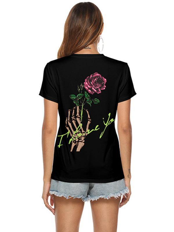 Women's Halloween Skull Heart Print V-Neck T-Shirt