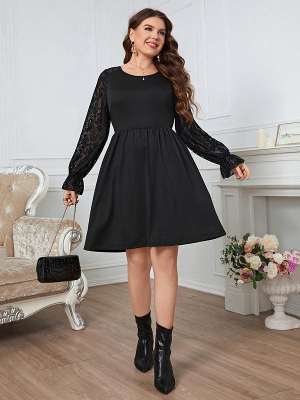 Women's Plus Size Black A Line Dress With Long Lace Sleeves  Lotus Corner