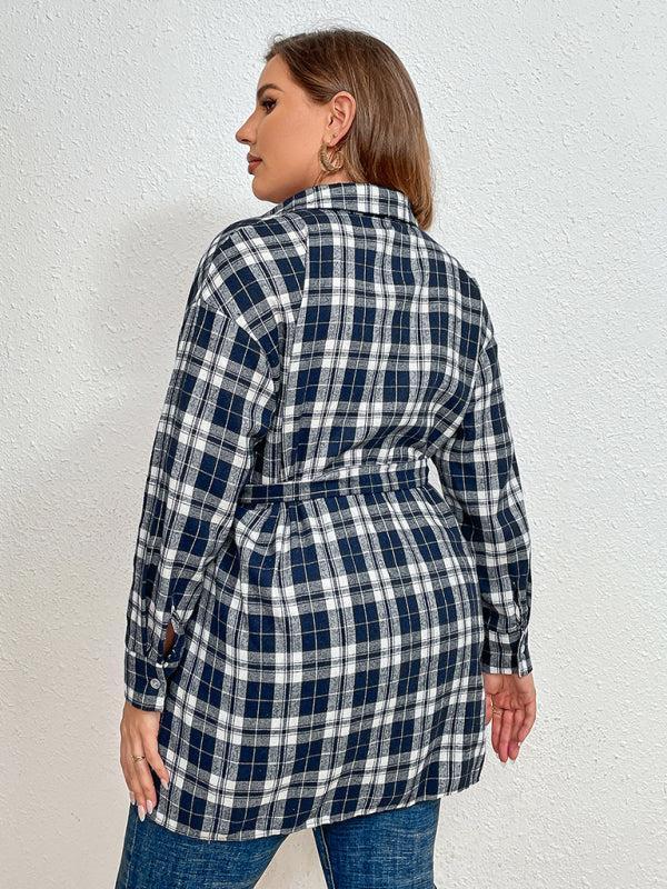 Women’s Plus Size Plaid Pattern Long Sleeve Button Down Tie Waist Longline Shirt