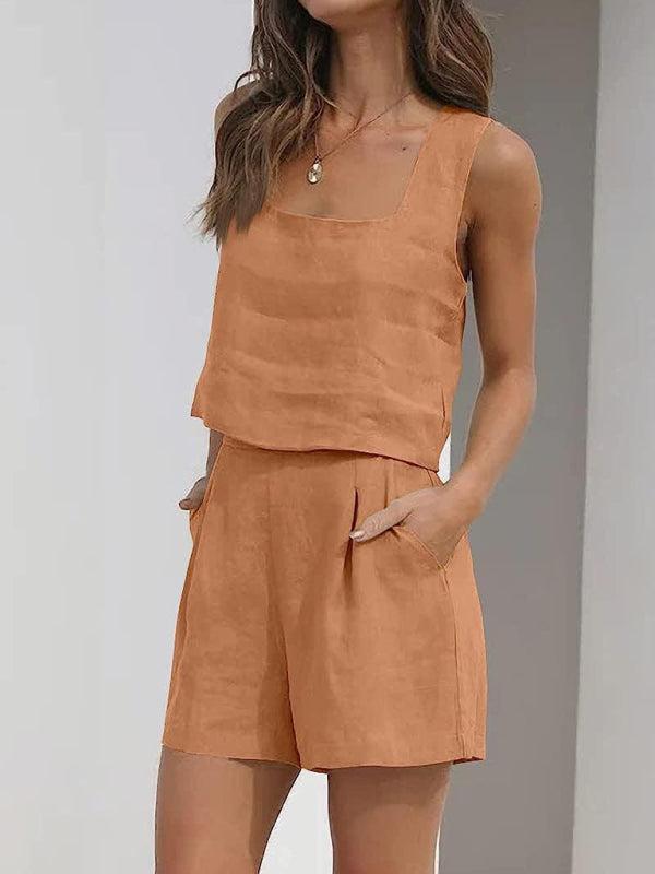 Women's Shorts, Solid Colour Casual Cotton Linen Sleeveless Square Neck Top And Shorts Two-Piece Set