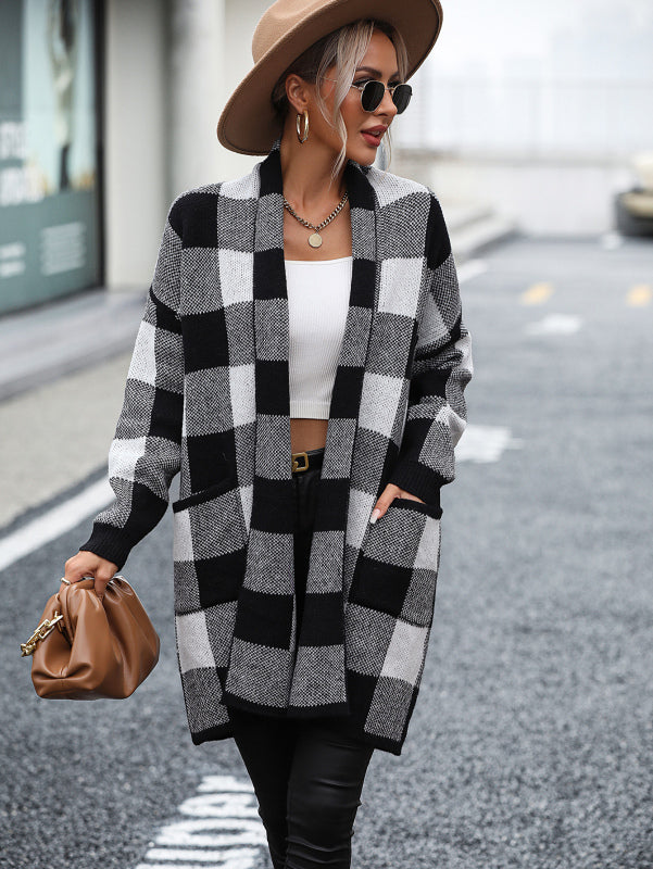 Women s Open Front Plaid Knit Cardigan