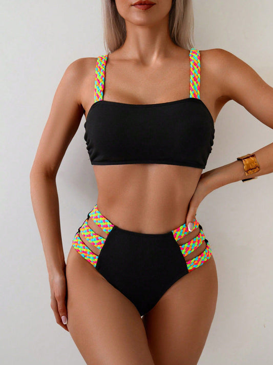 Women’s Black Full Brief Bikini with Colourful Braided Straps