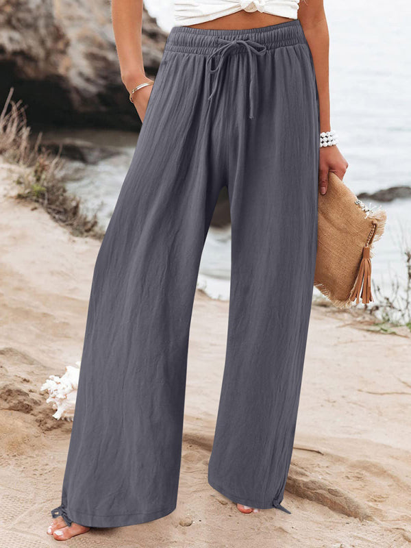 Women’s Elasticated Waist Wide Leg Trousers Solid Colour Casual Fit