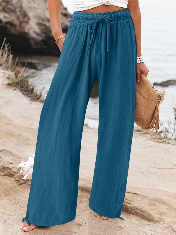 Women’s Elasticated Waist Wide Leg Trousers Solid Colour Casual Fit