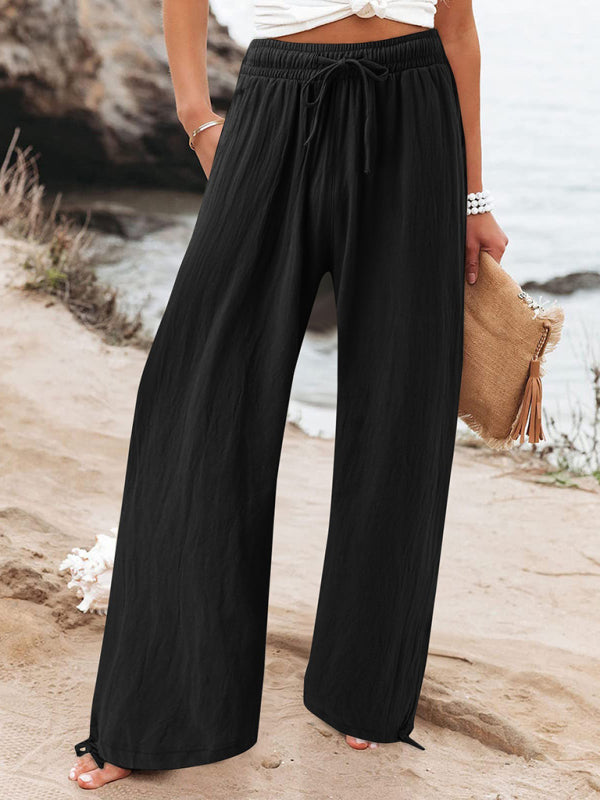 Women’s Elasticated Waist Wide Leg Trousers Solid Colour Casual Fit