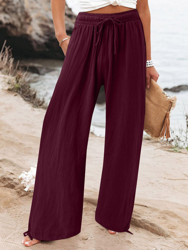 Women’s Elasticated Waist Wide Leg Trousers Solid Colour Casual Fit