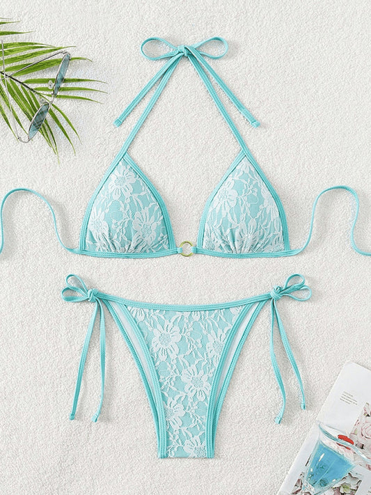 Women’s Elegant Sky Blue Halter Lace Bikini