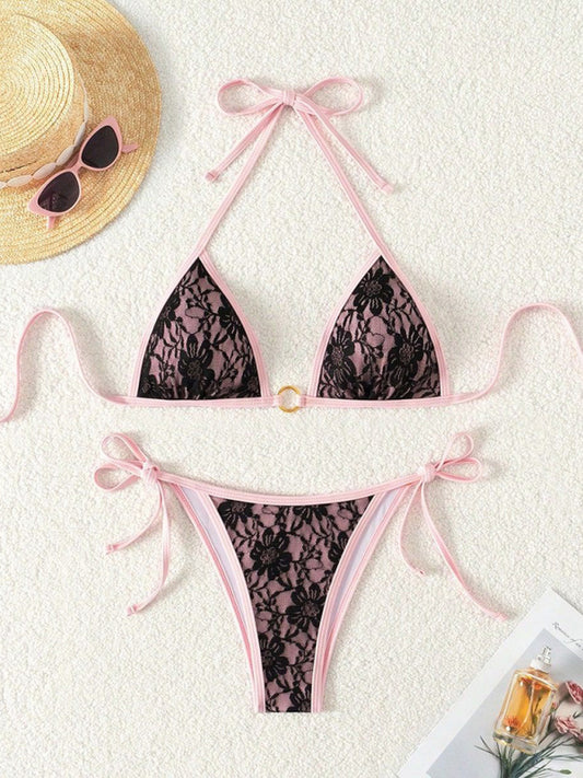 Women’s Pretty summer Black & Pink Lace Halter Bikini
