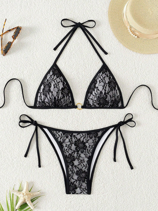 Women’s Sexy Alluring Black Lace Halter Bikini