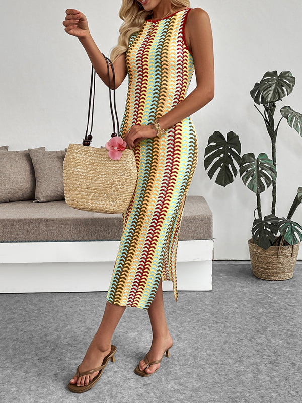 Women’s striped crochet sleeveless fitted midi dress – boho summer knitwear