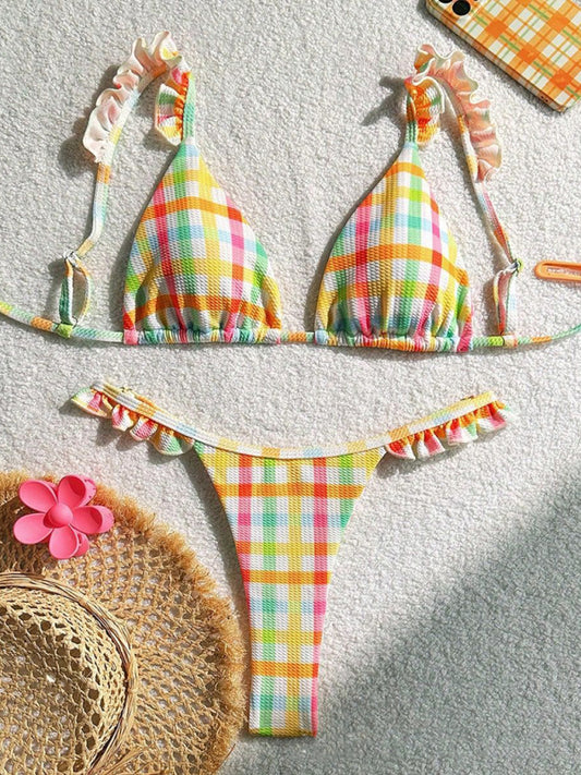 Women’s Stylish Pastel Checked Thong Bikini