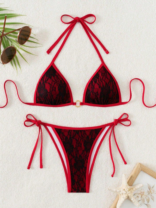 Women’s Sultry Black & Red Bold Lace Halter Bikini