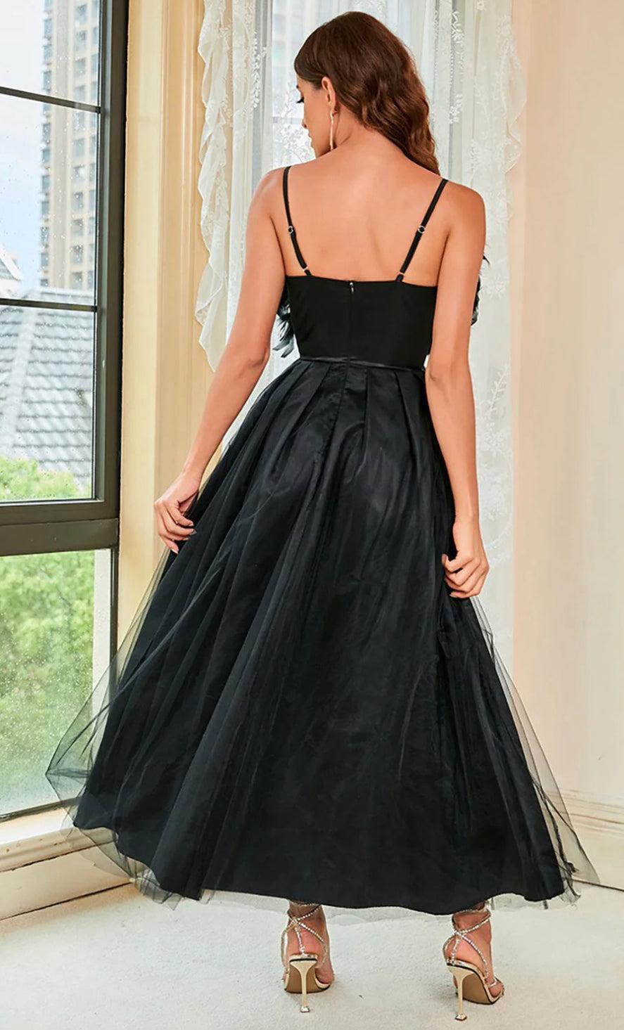 Womens Thin Strapped Feather Meshed Dress