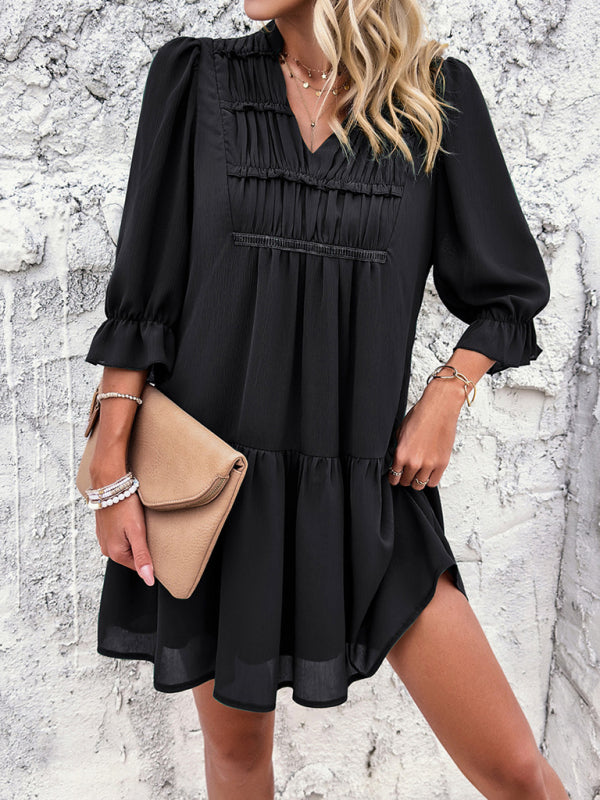 Women's V-Neck Mid Sleeve Flowy Above The Knee Dress