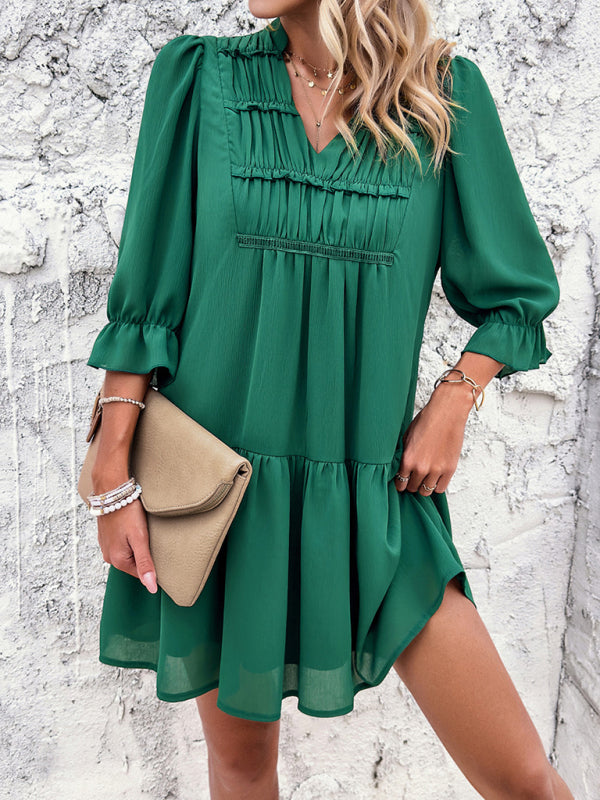 Women's V-Neck Mid Sleeve Flowy Above The Knee Dress