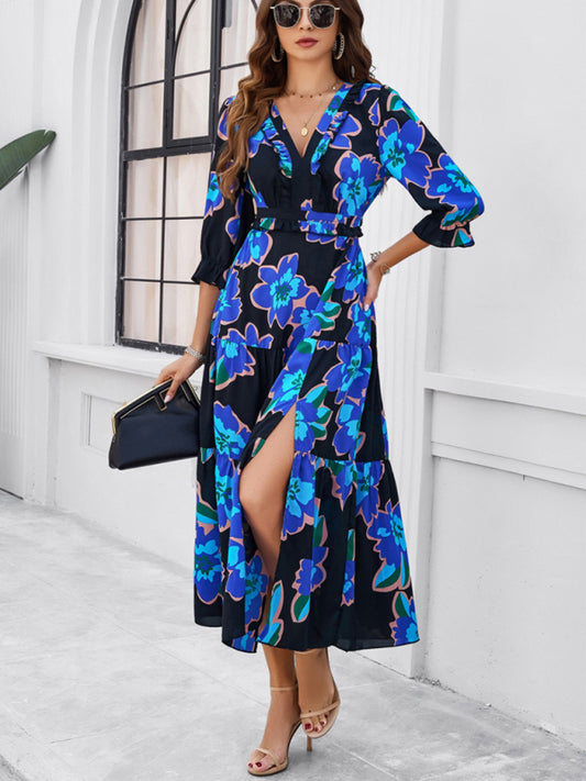 Women's Printed V-Neck Long Length Flowy Dress With Front Thigh Split