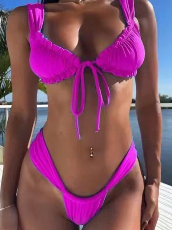 Women's Wide Strap Ruched Bikini With Front Tie Detail