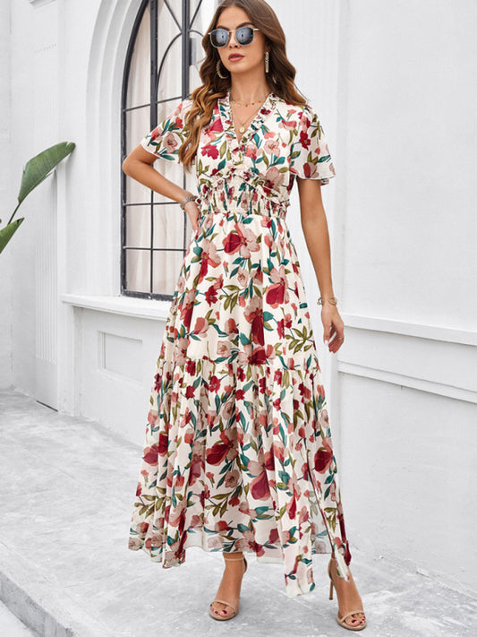 Women's Floral Print Flowy Floor Length Dress With V-Neck And Short Sleeves