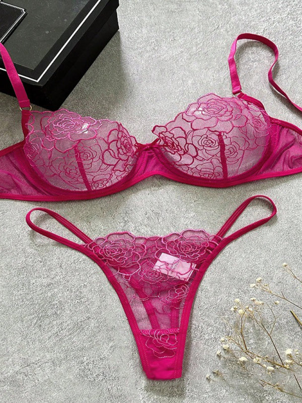 Women's Sexy Hollow Lace Bra and Thong Lingerie Set