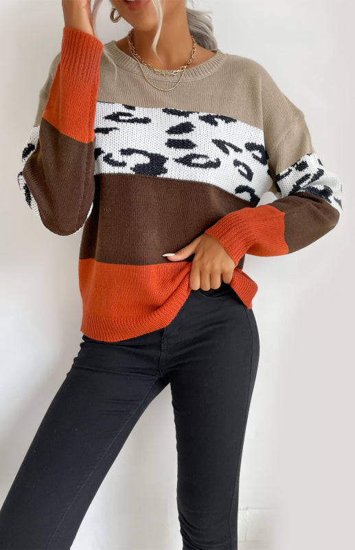 Women's Round Neck Colour Contract Jumper With Leopard Print Detail
