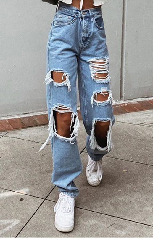 Women's Washed Denim Ripped Loose Fit Jeans