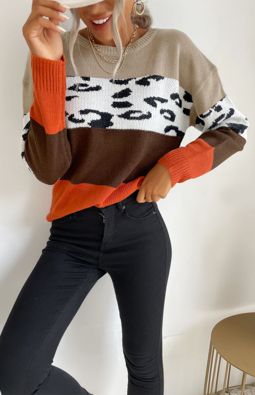 Women's Round Neck Colour Contract Jumper With Leopard Print Detail