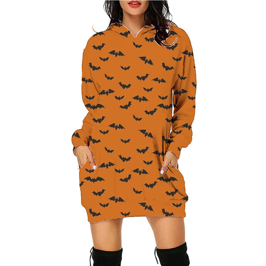 Women's Halloween Print Long Line Hoodie With Side Pockets