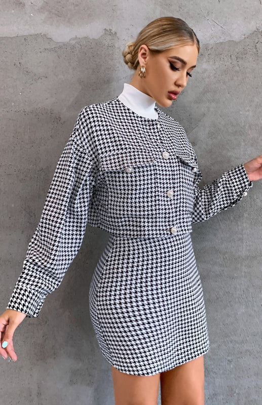 Women's Dogtooth Print Mini Skirt And Short Blazer Matching Set