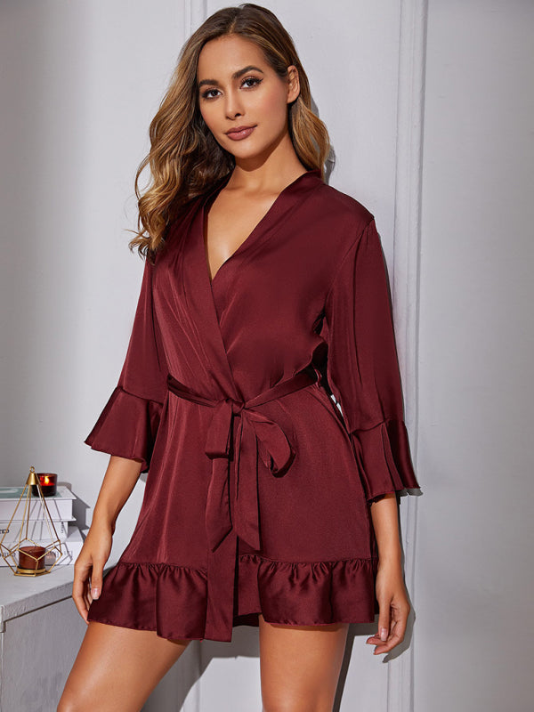 Women's Belted Short Dressing Gown With Frill Sleeve Design