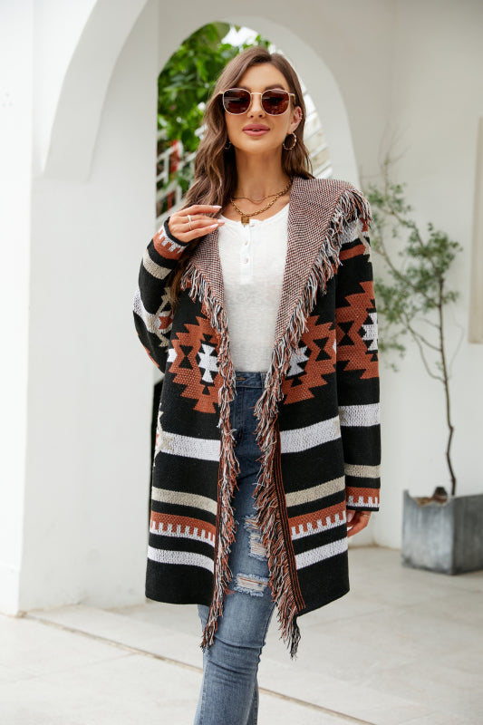 Women's Geometric Print Open Front Mid Length Fringed Cardigan