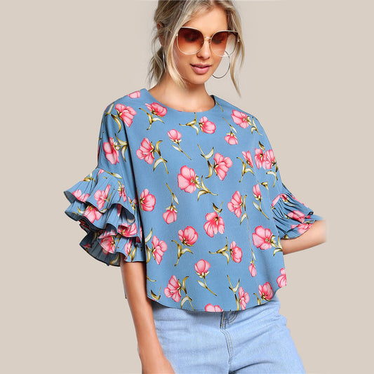 Women's Round Neck Double Layer Flared Sleeve Flowy Top