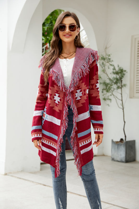 Women's Geometric Print Open Front Mid Length Fringed Cardigan