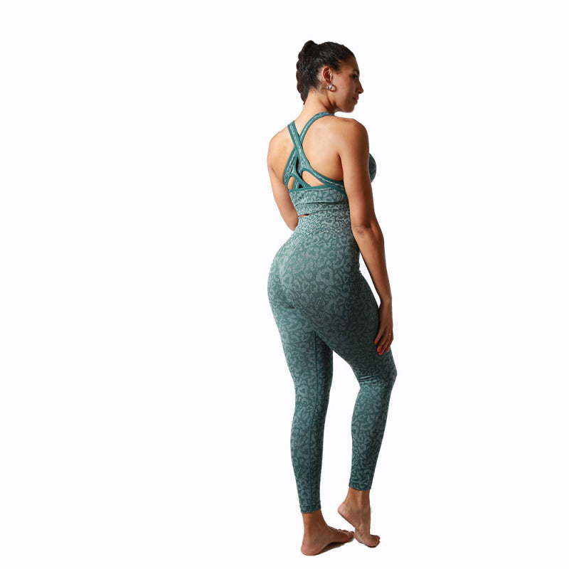 Women's Leopard Print Activewear Gym Set Including Crop Vest And Leggings