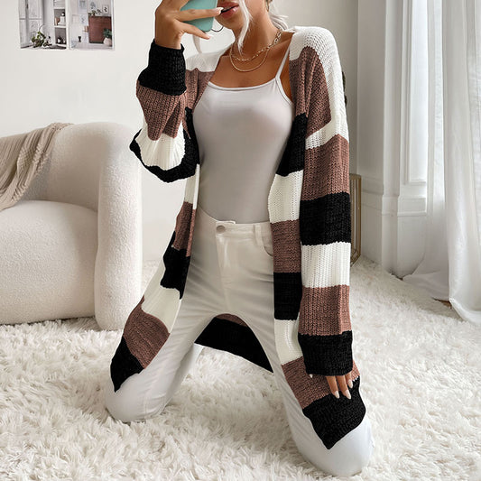 Women's Open Front Thick Stripe Longline Cardigan