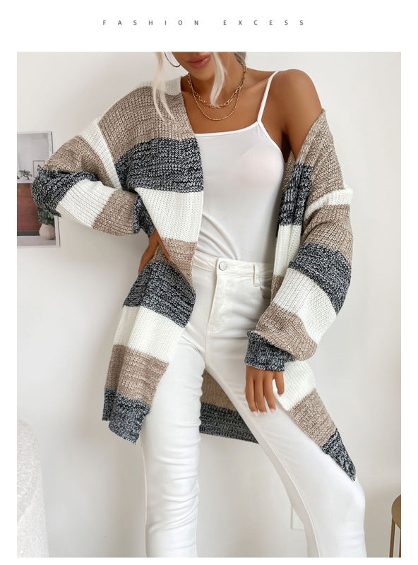 Women's Open Front Thick Stripe Longline Cardigan