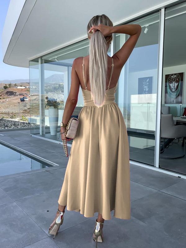 Women's Barbie Inspired Leg Split Flowy Midi Dress With Fitted Bodice