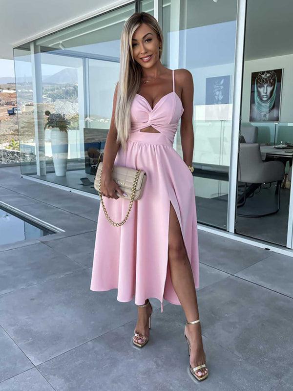Women's Barbie Inspired Leg Split Flowy Midi Dress With Fitted Bodice