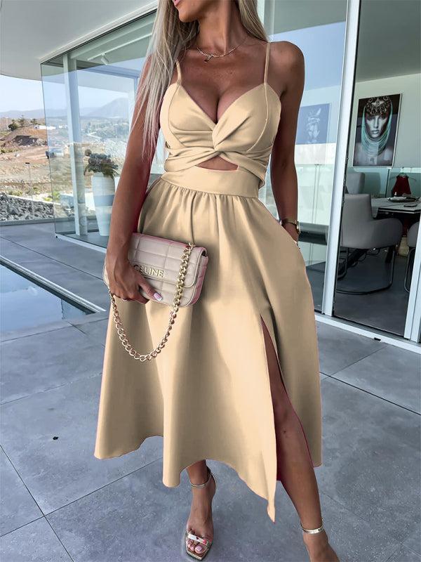 Women's Barbie Inspired Leg Split Flowy Midi Dress With Fitted Bodice