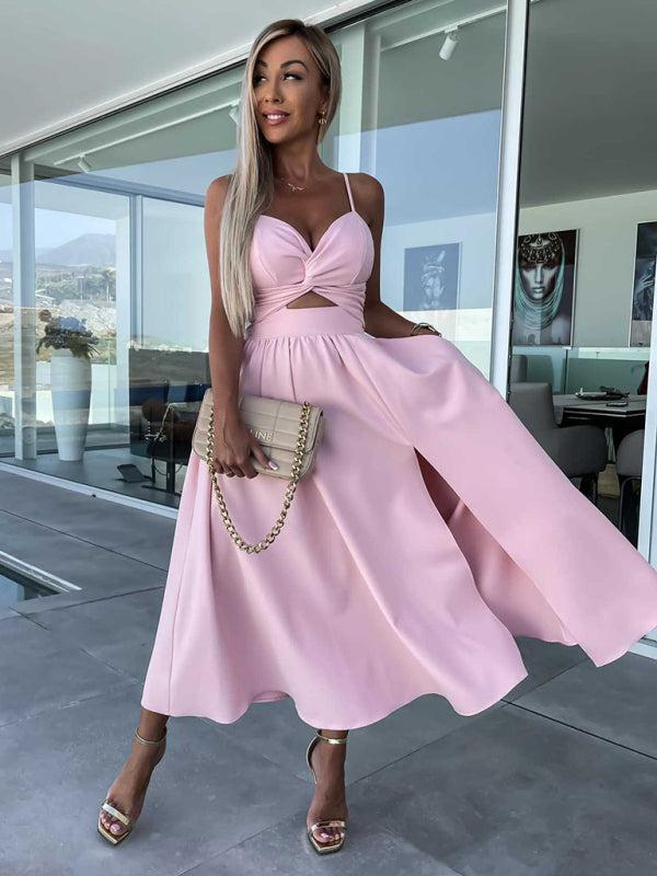 Women's Barbie Inspired Leg Split Flowy Midi Dress With Fitted Bodice