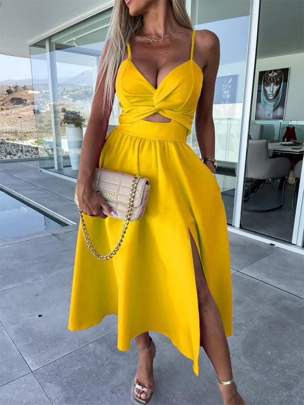 Women's Barbie Inspired Leg Split Flowy Midi Dress With Fitted Bodice