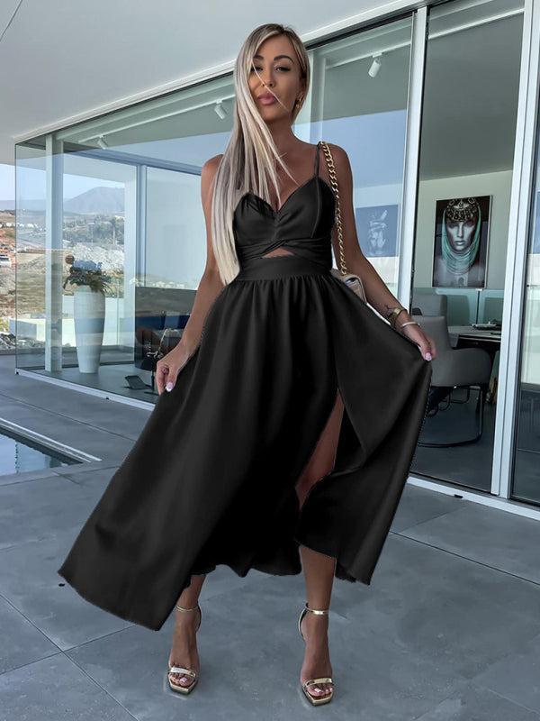 Women's Barbie Inspired Leg Split Flowy Midi Dress With Fitted Bodice