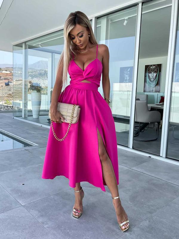 Women's Barbie Inspired Leg Split Flowy Midi Dress With Fitted Bodice