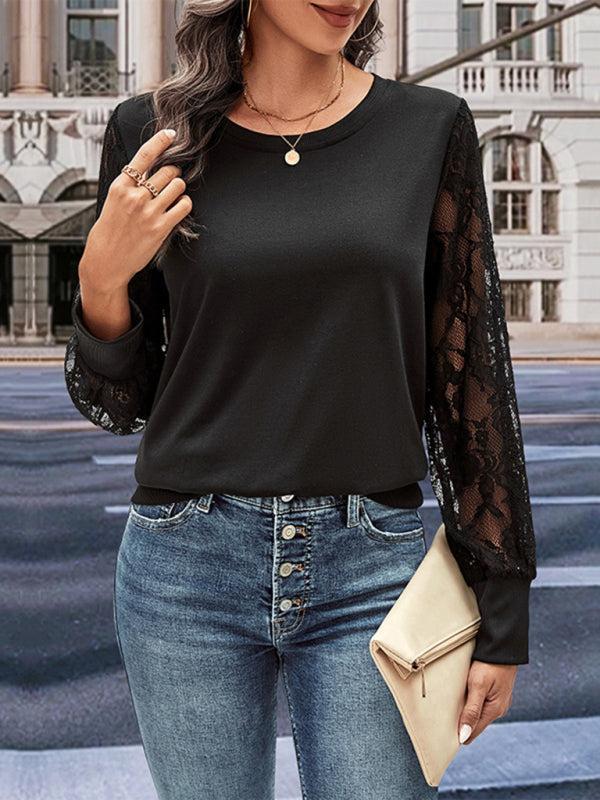 Women's Black Round Neck Top With Long Lace Sleeves
