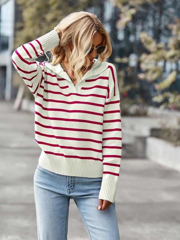 Women's Casual Collared Striped Soft Jumper