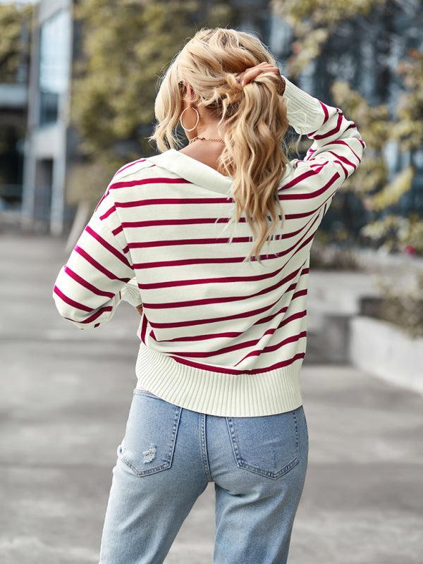 Women's Casual Collared Striped Soft Jumper